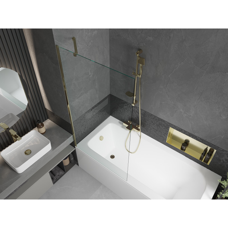 Mexen Vega rechteckige Badewanne 150 x 70 cm mit Verkleidung und 1-teiliger Duschabtrennung 90 cm, transparent, gold