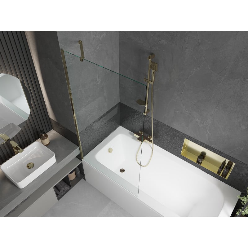 Mexen Vega Rechteckige Badewanne 170 x 70 cm mit Verkleidung und 1-flügeliger 90 cm Duschabtrennung, transparent, gold