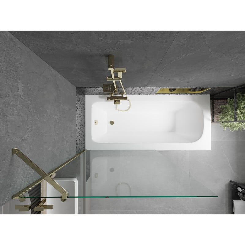 Mexen Vega Rechteckige Badewanne 170 x 70 cm mit Verkleidung und 1-flügeliger Trennwand 100 cm, transparent, gold