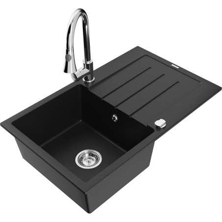 Mexen Bruno Granitspüle 1-Becken mit Abtropffläche und Küchenarmatur Elia, schwarz - 6513-77-670101-00