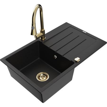 Mexen Bruno Granitspüle 1-Becken mit Abtropffläche und Küchenarmatur Elia, schwarz - 6513-77-670101-50