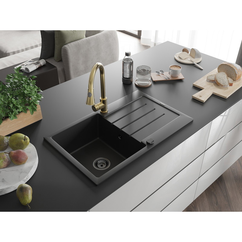 Mexen Bruno Granitspüle 1-Becken mit Abtropffläche und Küchenarmatur Elia, schwarz - 6513-77-670101-50-B