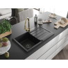 Mexen Bruno Granitspüle 1-Becken mit Abtropffläche und Küchenarmatur Elia, schwarz - 6513-77-670101-50-B