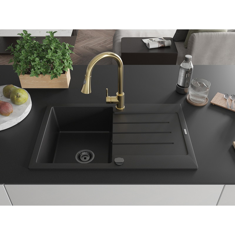 Mexen Bruno 1-beckiger Granitspüle mit Abtropffläche und Küchenarmatur Elia, schwarz - 6513-77-670101-50-B