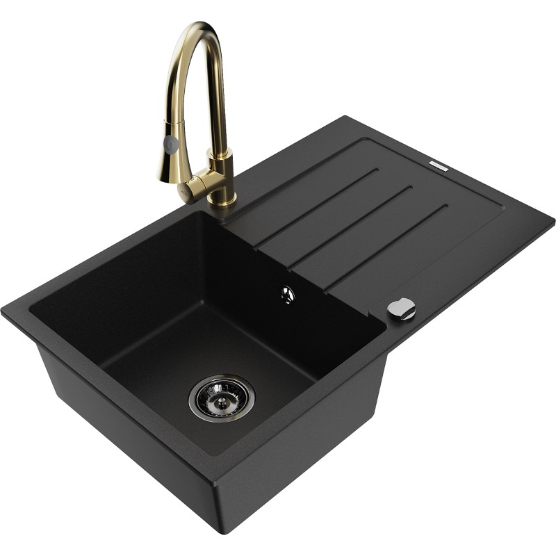 Mexen Bruno 1-beckiger Granitspüle mit Abtropffläche und Küchenarmatur Elia, schwarz - 6513-77-670101-50-B