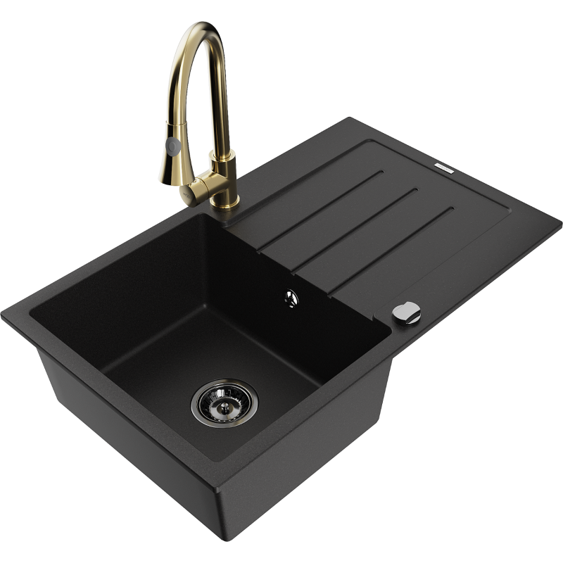 Mexen Bruno Granitspüle 1-Becken mit Abtropffläche und Küchenarmatur Elia, schwarz - 6513-77-670101-50-B