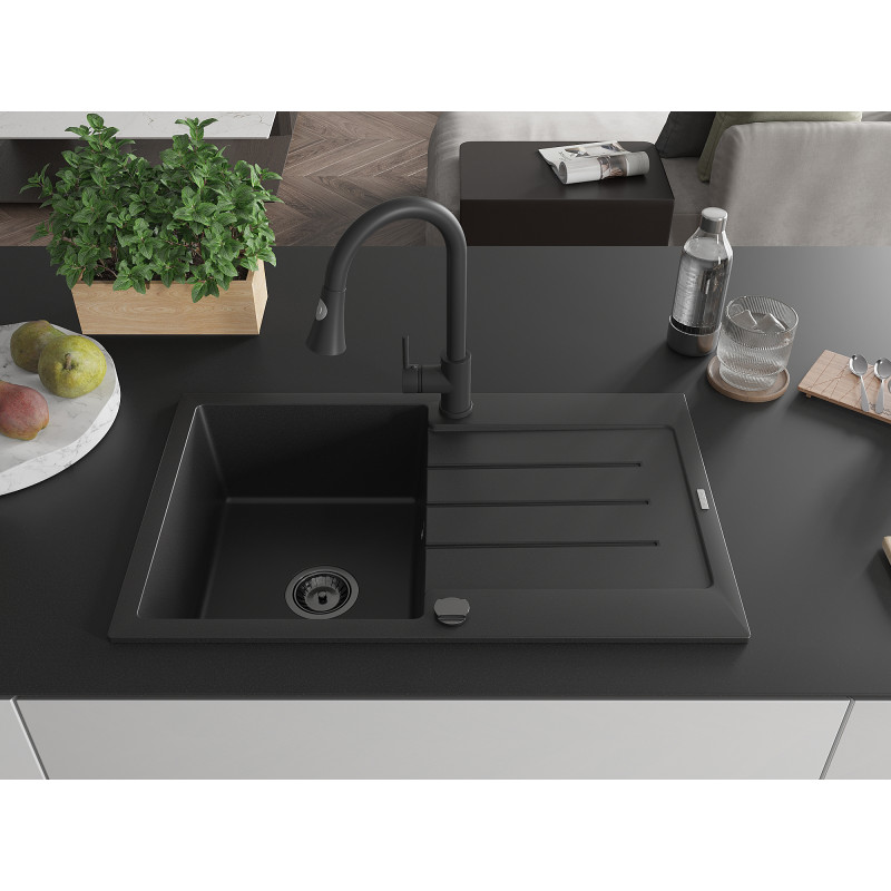 Mexen Bruno Granitspüle 1-Becken mit Abtropffläche und Küchenarmatur Elia, schwarz - 6513-77-670101-70-B