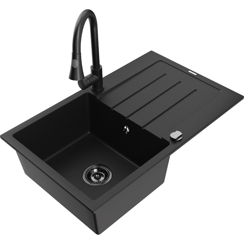 Mexen Bruno Granitspüle 1-Becken mit Abtropffläche und Küchenarmatur Elia, schwarz - 6513-77-670101-70-B