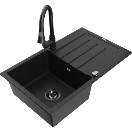 Mexen Bruno Granitspüle 1-Becken mit Abtropffläche und Küchenarmatur Elia, schwarz - 6513-77-670101-70-B