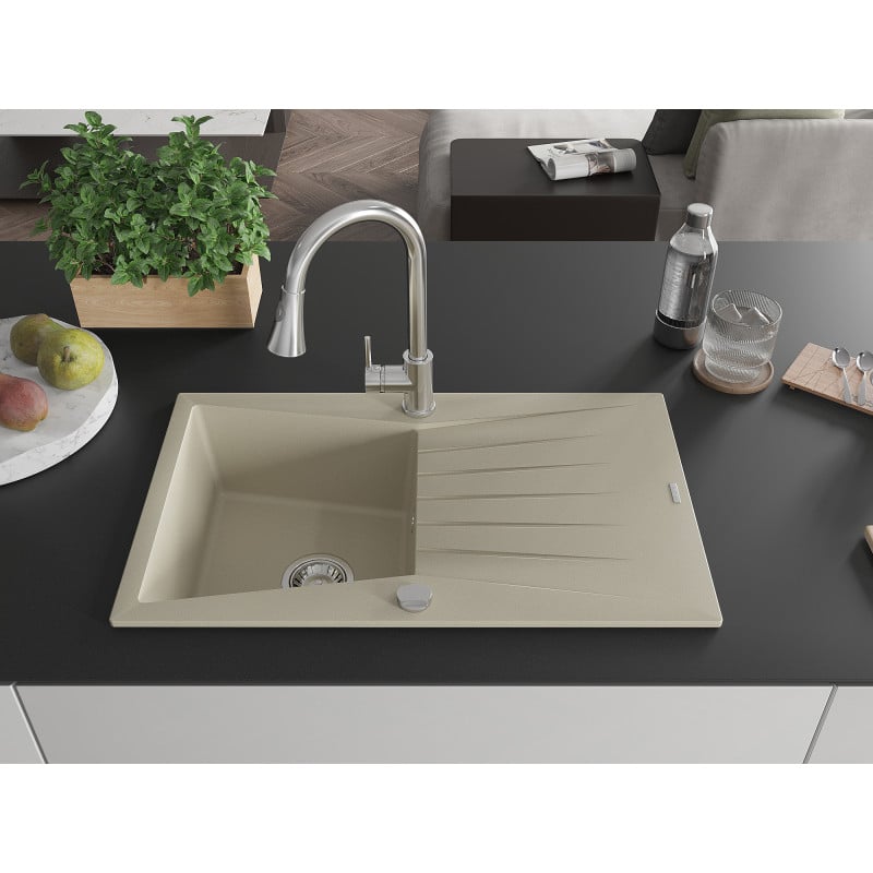 Mexen Cesar Granitspüle 1-Becken mit Abtropffläche und Küchenarmatur Elia, beige - 6514-69-670101-00