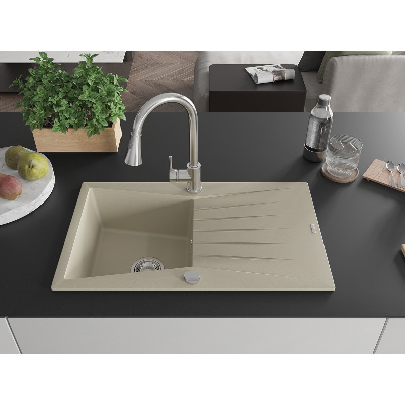 Mexen Cesar Granitspüle 1-beckig mit Abtropffläche und Küchenarmatur Elia, beige - 6514-69-670101-00