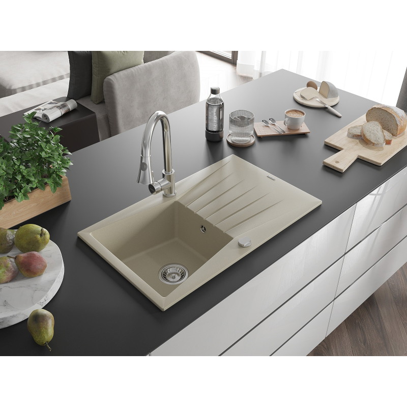 Mexen Cesar Granitspüle 1-beckig mit Abtropffläche und Küchenarmatur Elia, beige - 6514-69-670101-00