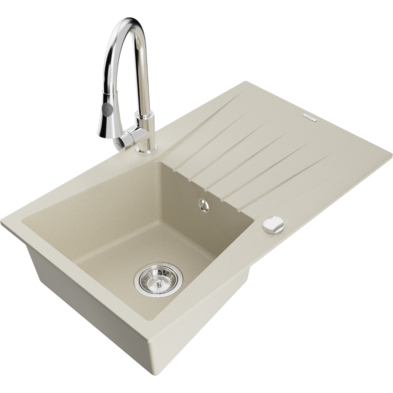 Mexen Cesar Granitspüle 1-Becken mit Abtropffläche und Küchenarmatur Elia, beige - 6514-69-670101-00