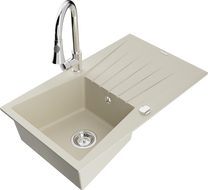 Mexen Cesar Granitspüle 1-beckig mit Abtropffläche und Küchenarmatur Elia, beige - 6514-69-670101-00