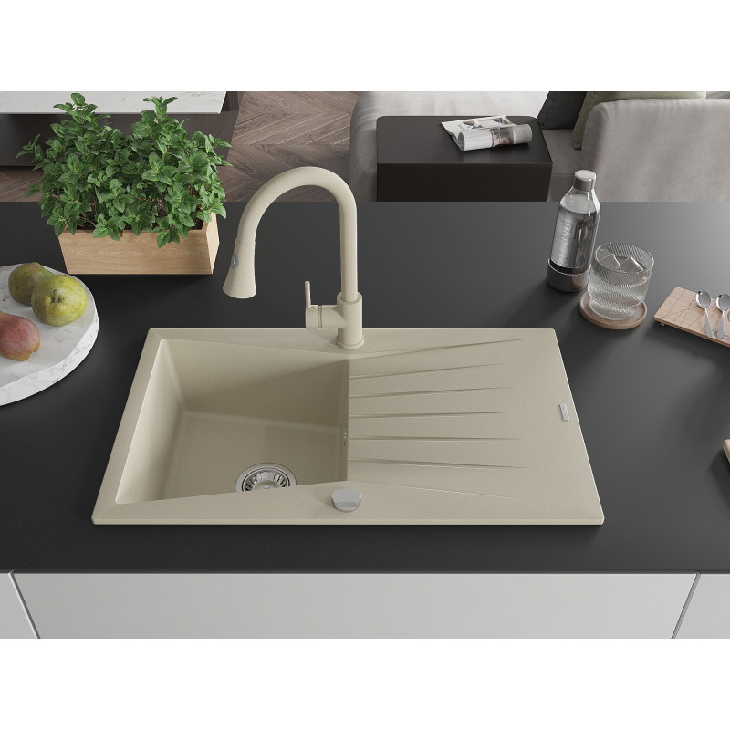 Mexen Cesar granitspüle 1-becken mit abtropffläche und küchenarmatur Elia, beige - 6514-69-670101-69
