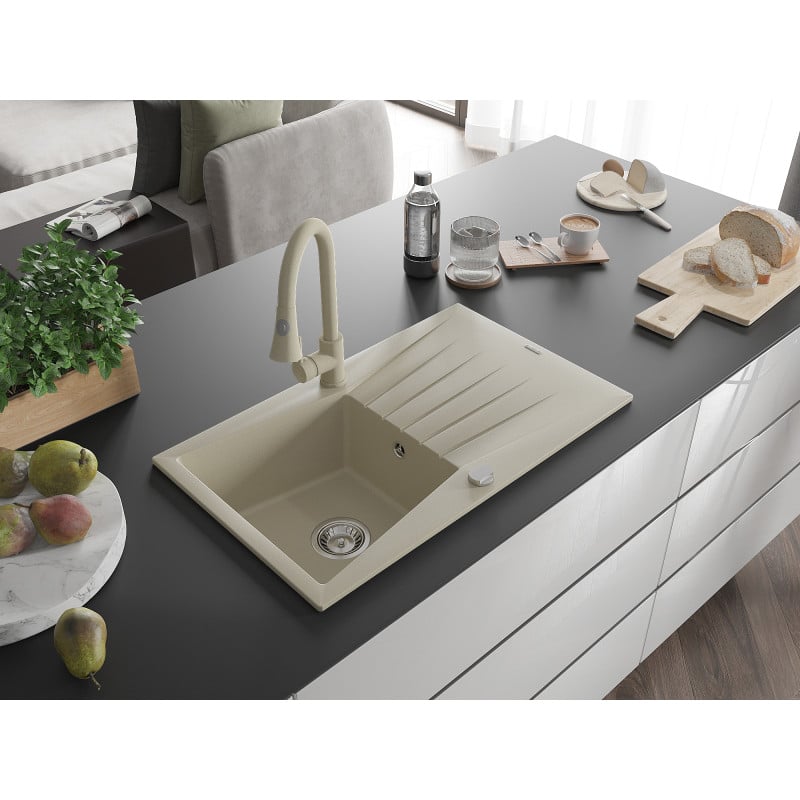 Mexen Cesar Granitspüle 1-beckig mit Abtropffläche und Küchenarmatur Elia, beige - 6514-69-670101-69
