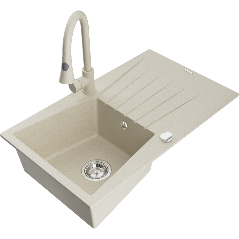 Mexen Cesar Granitspüle 1-beckig mit Abtropffläche und Küchenarmatur Elia, beige - 6514-69-670101-69