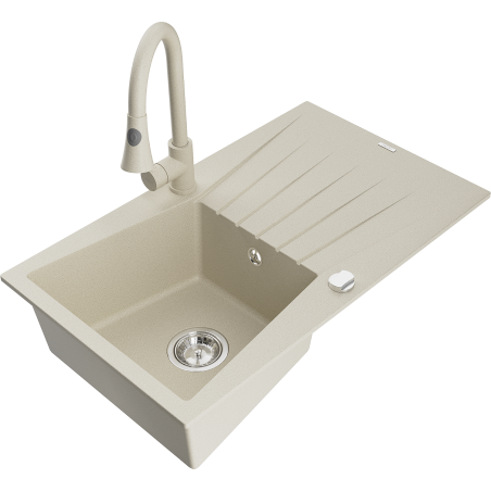 Mexen Cesar Granitspüle 1-beckig mit Abtropffläche und Küchenarmatur Elia, beige - 6514-69-670101-69