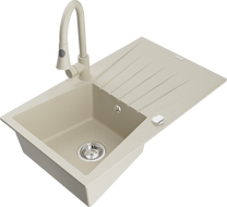 Mexen Cesar Granitspüle 1-beckig mit Abtropffläche und Küchenarmatur Elia, beige - 6514-69-670101-69