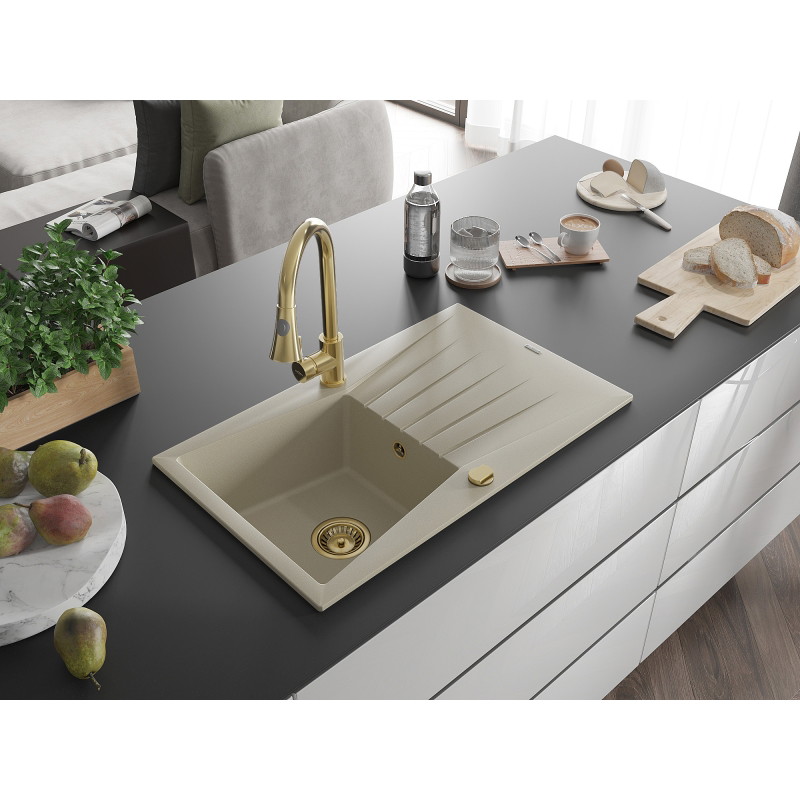 Mexen Cesar Granitspüle 1-beckig mit Abtropffläche und Küchenarmatur Elia, beige - 6514-69-670101-50