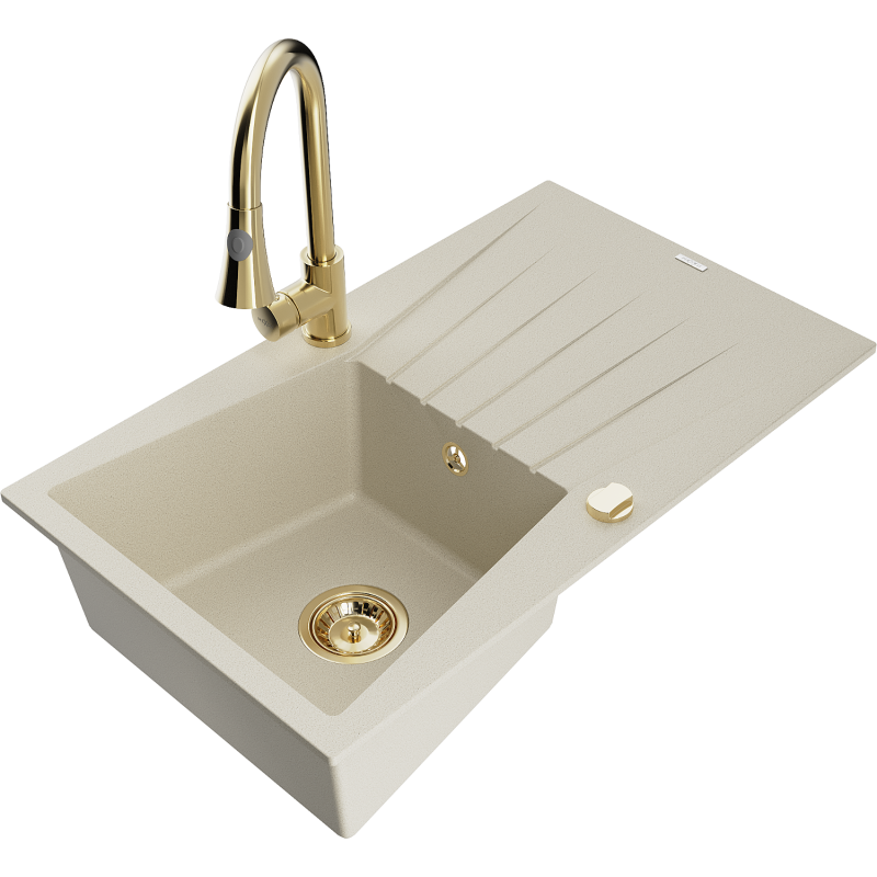 Mexen Cesar Granitspüle 1-becken mit Abtropffläche und Küchenarmatur Elia, beige - 6514-69-670101-50