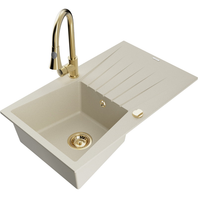 Mexen Cesar Granitspüle 1-beckig mit Abtropffläche und Küchenarmatur Elia, beige - 6514-69-670101-50