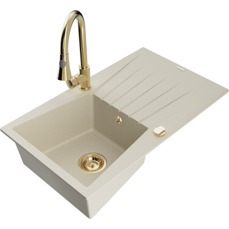 Mexen Cesar Granitspüle 1-becken mit Abtropffläche und Küchenarmatur Elia, beige - 6514-69-670101-50