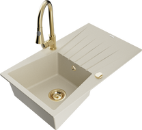 Mexen Cesar Granitspüle 1-becken mit Abtropffläche und Küchenarmatur Elia, beige - 6514-69-670101-50