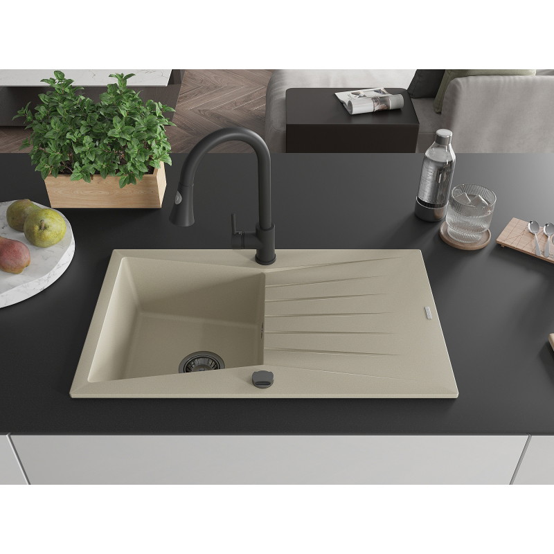 Mexen Cesar Granitspüle 1-beckig mit Abtropffläche und Küchenarmatur Elia, beige - 6514-69-670101-70