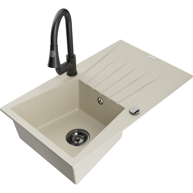 Mexen Cesar Granitspüle 1-Becken mit Abtropffläche und Küchenarmatur Elia, beige - 6514-69-670101-70