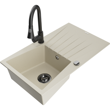 Mexen Cesar Granitspüle 1-Becken mit Abtropffläche und Küchenarmatur Elia, beige - 6514-69-670101-70