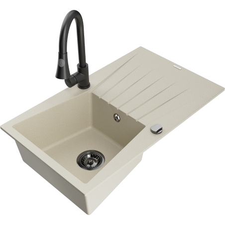 Mexen Cesar Granitspüle 1-beckig mit Abtropffläche und Küchenarmatur Elia, beige - 6514-69-670101-70