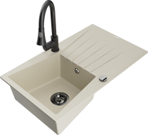 Mexen Cesar Granitspüle 1-Becken mit Abtropffläche und Küchenarmatur Elia, beige - 6514-69-670101-70