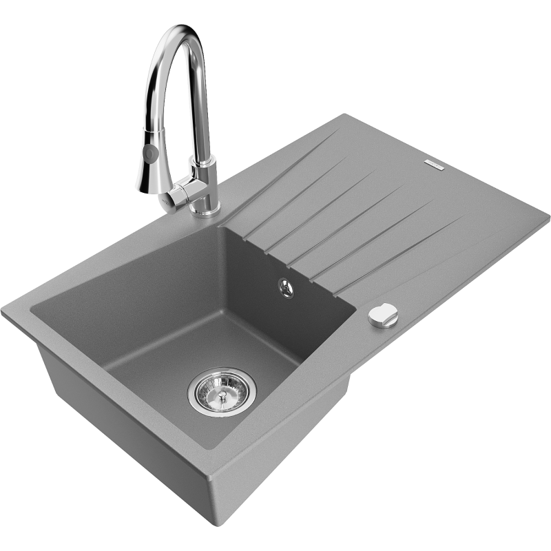 Mexen Cesar Granitspüle 1-Becken mit Abtropffläche und Küchenarmatur Elia, grau - 6514-71-670101-00