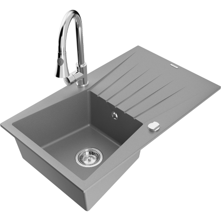Mexen Cesar Granitspüle 1-Becken mit Abtropffläche und Küchenarmatur Elia, grau - 6514-71-670101-00