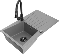 Mexen Cesar Granitspüle 1-Becken mit Abtropffläche und Küchenarmatur Elia, grau - 6514-71-670101-70-B