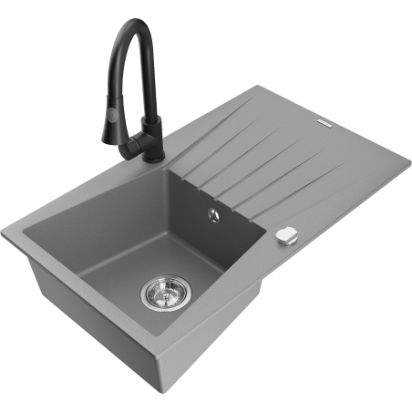 Mexen Cesar Granitspüle 1-Becken mit Abtropffläche und Küchenarmatur Elia, grau - 6514-71-670101-70
