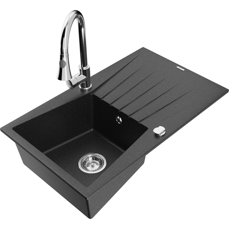 Mexen Cesar Granitspüle 1-Becken mit Abtropffläche und Küchenarmatur Elia, schwarz/silber metallic - 6514-73-670101-00