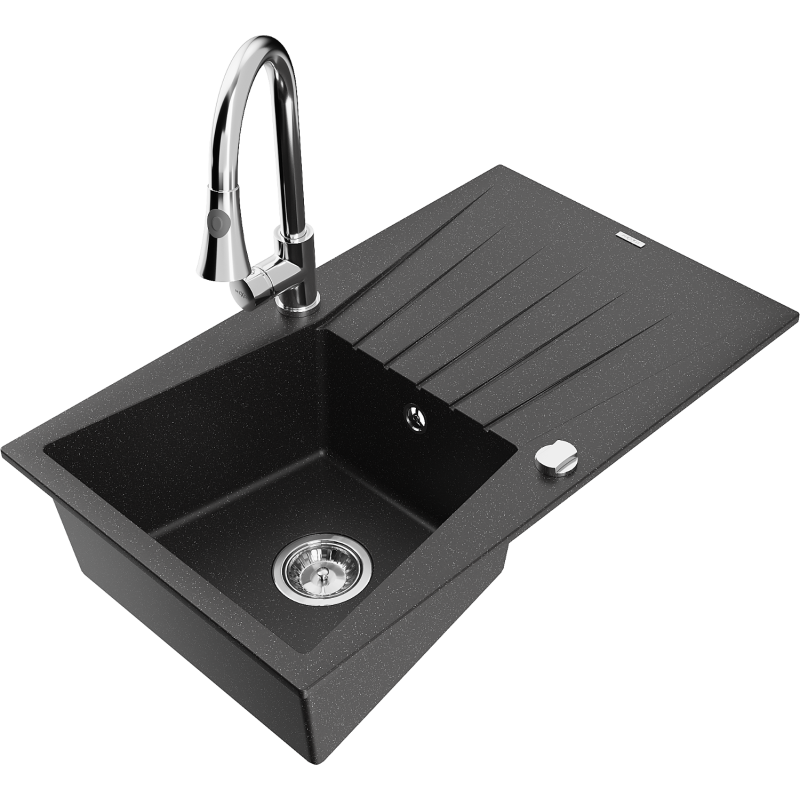Mexen Cesar Granitspüle 1-beckig mit Abtropffläche und Küchenarmatur Elia, schwarz/silber metallic - 6514-73-670101-00