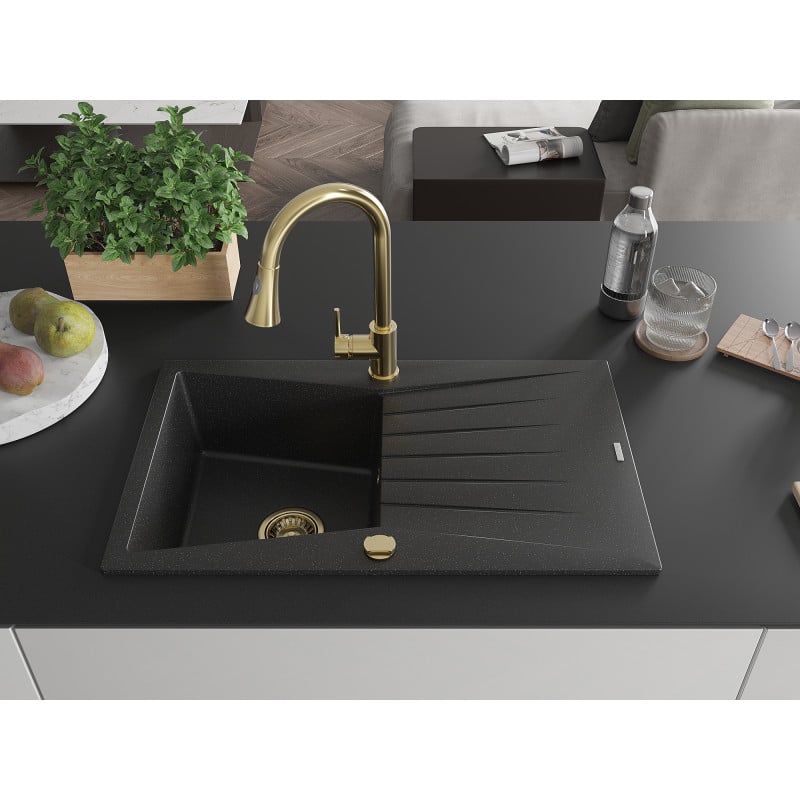 Mexen Cesar Granitspüle 1-Becken mit Abtropffläche und Küchenarmatur Elia, schwarz/silber metallic - 6514-73-670101-50