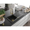 Mexen Cesar Granit-Spüle, 1-Becken mit Abtropffläche und Küchenarmatur Elia, schwarz/silber metallic - 6514-73-670101-50