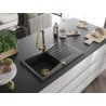 Mexen Cesar Granitspüle 1-Becken mit Abtropffläche und Küchenarmatur Elia, schwarz/silber metallic - 6514-73-670101-50