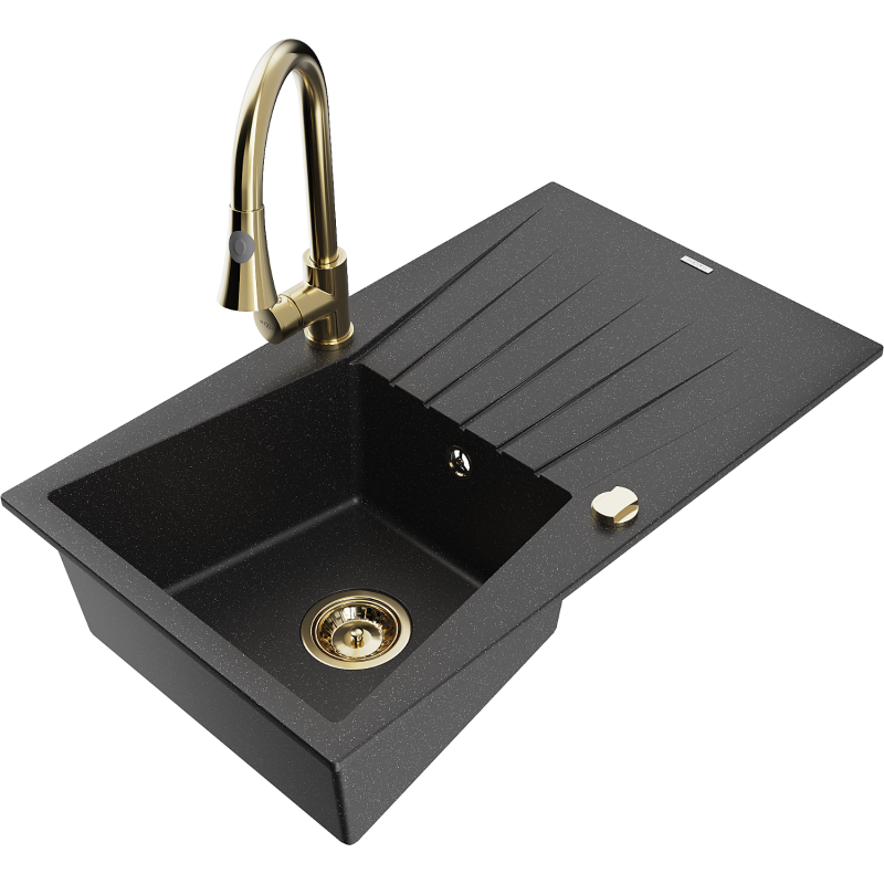 Mexen Cesar Granitspüle 1-Becken mit Abtropffläche und Küchenarmatur Elia, schwarz/silber metallic - 6514-73-670101-50