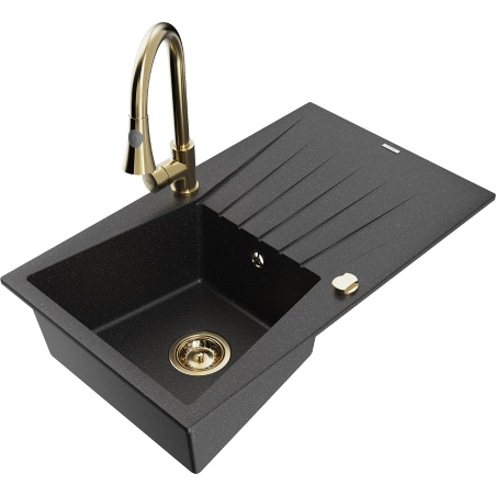 Mexen Cesar Granitspüle 1-Becken mit Abtropffläche und Küchenarmatur Elia, schwarz/silber metallic - 6514-73-670101-50