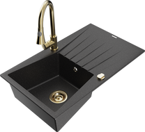 Mexen Cesar Granitspüle 1-Becken mit Abtropffläche und Küchenarmatur Elia, schwarz/silber metallic - 6514-73-670101-50