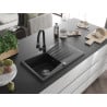 Mexen Cesar Granitspüle 1-Becken mit Abtropffläche und Küchenarmatur Elia, schwarz/silber metallic - 6514-73-670101-70