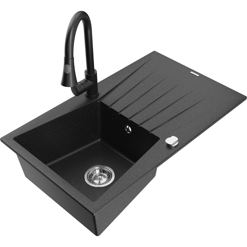 Mexen Cesar Granitspüle 1-Becken mit Abtropffläche und Küchenarmatur Elia, schwarz/silber metallic - 6514-73-670101-70
