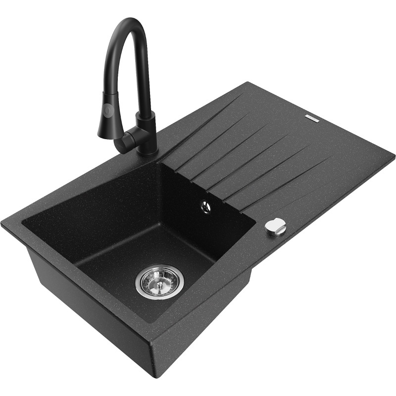 Mexen Cesar Granitspüle 1-beckig mit Abtropffläche und Küchenarmatur Elia, schwarz/silber metallic - 6514-73-670101-70
