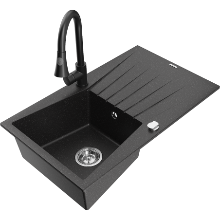 Mexen Cesar Granitspüle 1-Becken mit Abtropffläche und Küchenarmatur Elia, schwarz/silber metallic - 6514-73-670101-70