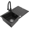 Mexen Cesar Granitspüle 1-Becken mit Abtropffläche und Küchenarmatur Elia, schwarz/silber metallic - 6514-73-670101-70